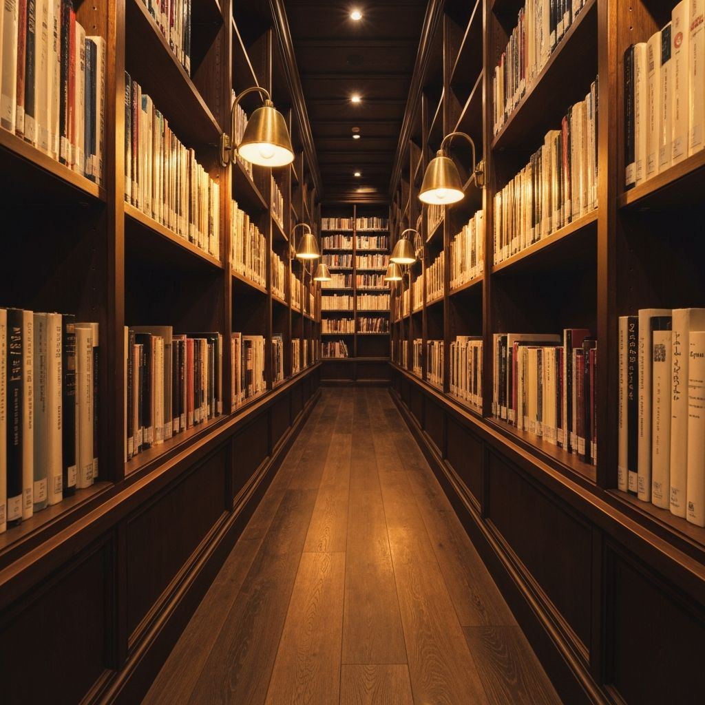 Magas könyvtári polcok sora sötét fából, meleg sárga olvasólámpák fénye megvilágítja a könyvek gerinceit és a padló fa textúráját, mély perspektíva, senki nincs jelen