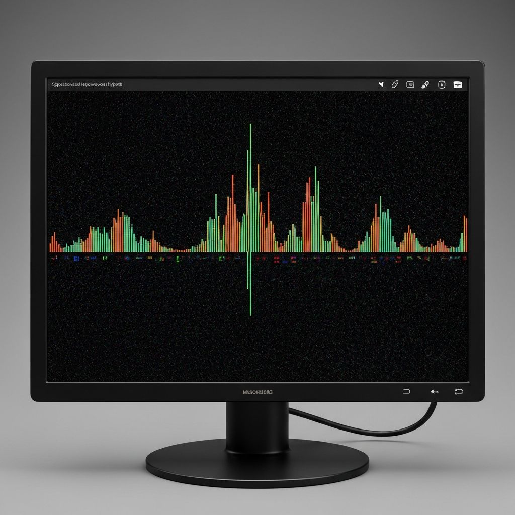 Számítógép monitor elmosódott képernyőjének közelije, amelyen absztrakt fények és árnyékok játszanak, a digitális fény és a sötétebb háttér kontrasztja jól látható, senki sincs jelen