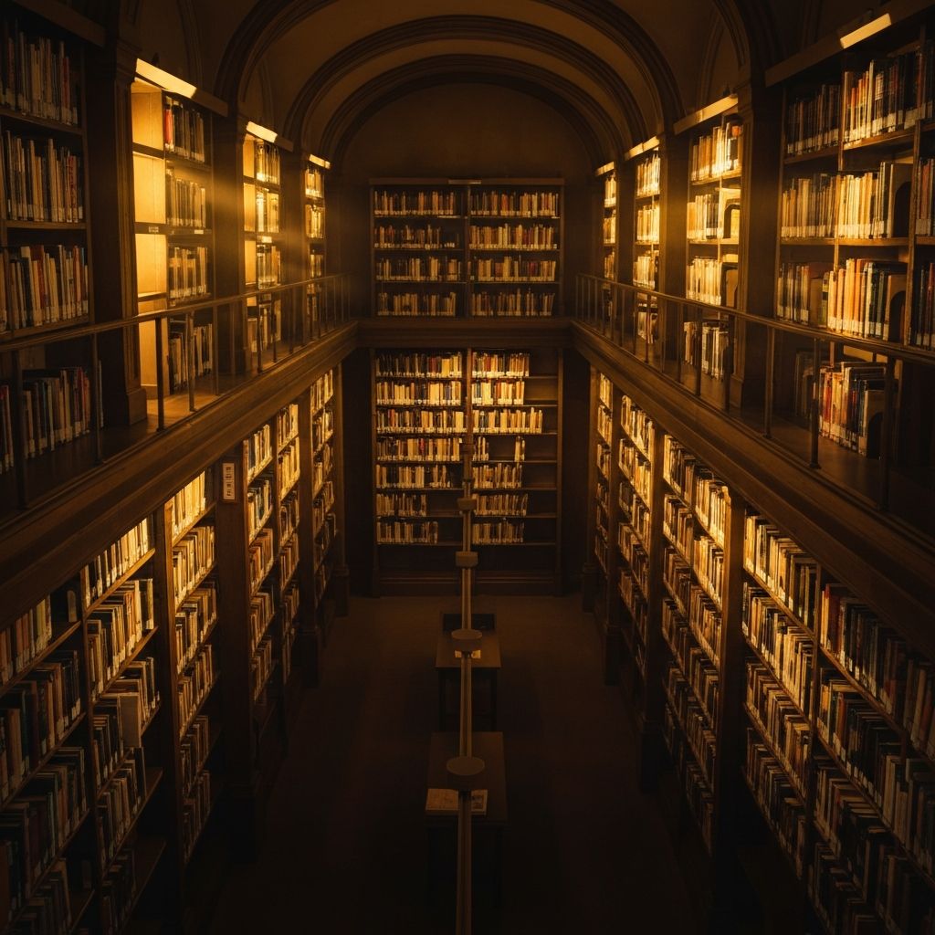 Meleg fényű, atmoszferikus könyvtár belső tér, ahol a fény sugarai átszűrődnek a magas polcsorok között, mély árnyékokkal és aranyos tónusokkal, emberek nélkül