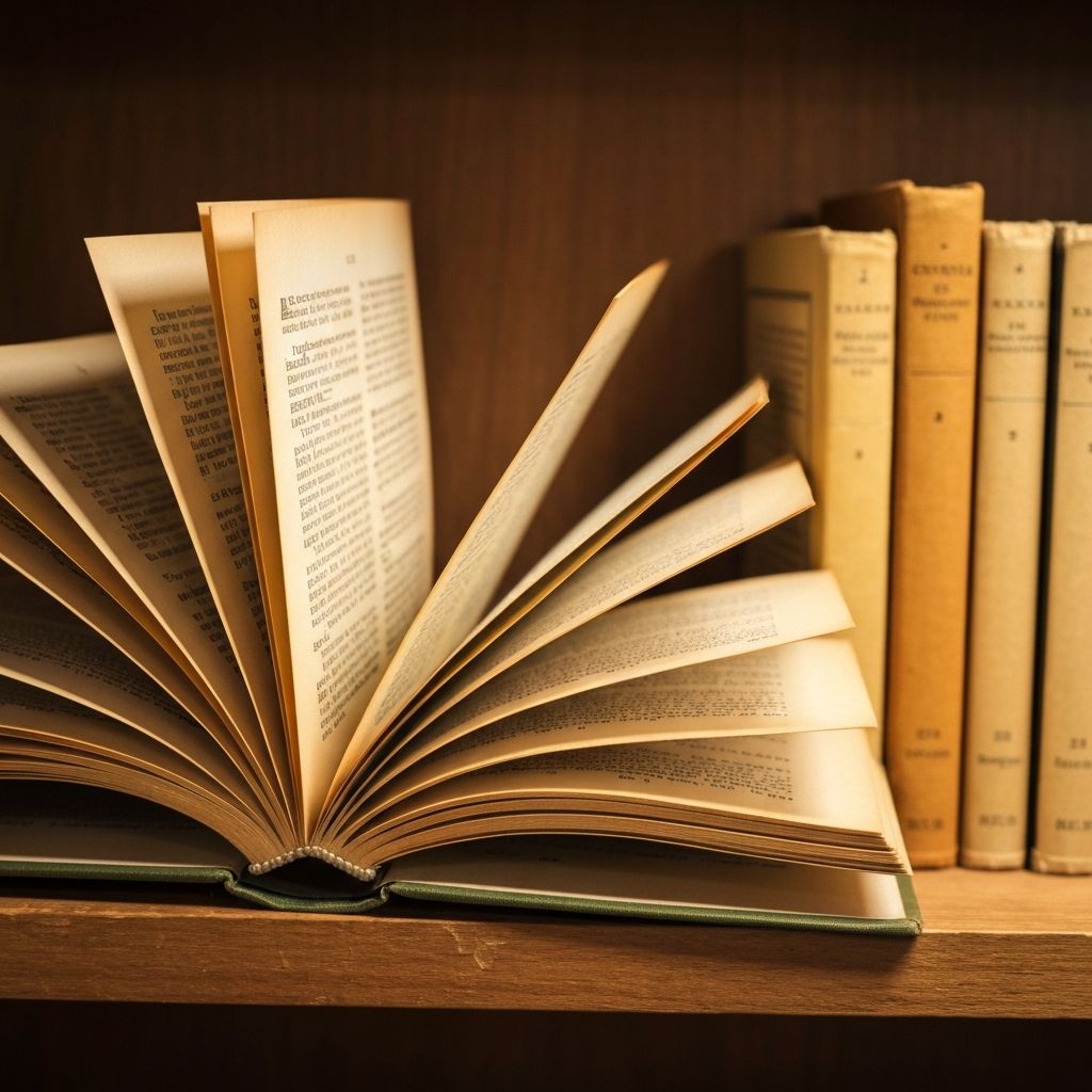 Régi, megsárgult lapú könyvek egy fapolcon, az egyik könyv nyitva van és a fény finoman megvilágítja az oldalak textúráját és a sorok elmosódott szövegét, meleg antik hangulat