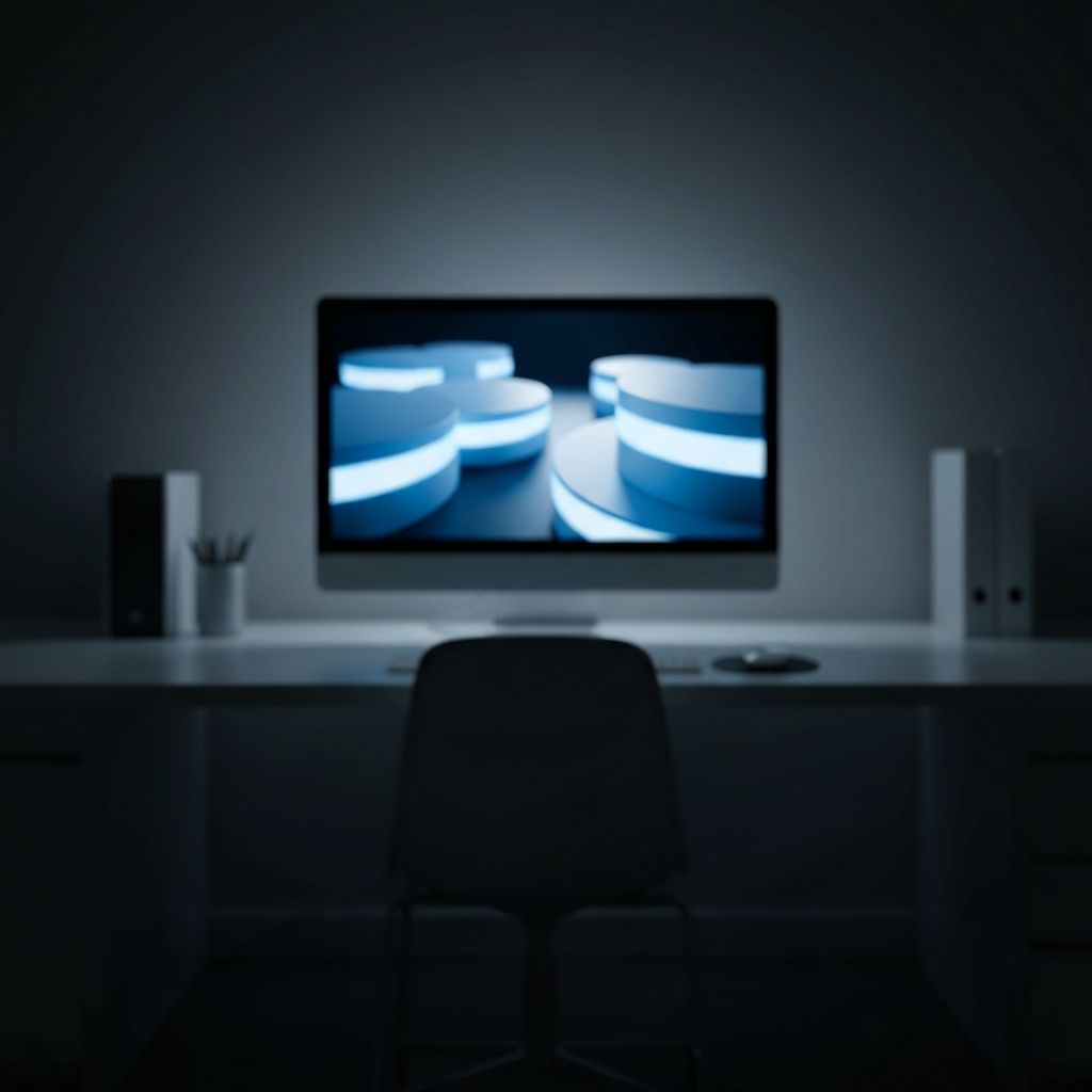 Elmosódott számítógép képernyő egy sötét irodában, amelyen absztrakt kék és fehér fénylő felületek látszanak, a monitor előtt üres szék, nyugodt légkör