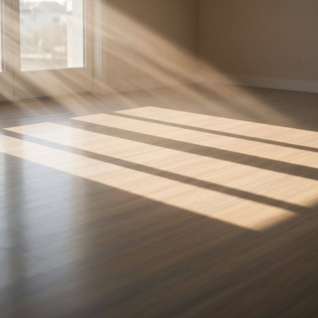 Absztrakt fénysávok és árnyékok egy nyugodt szobában, ahol a természetes fény egy ablakból átszűrődik és a padlón hosszú vonalakat rajzol, meleg bézs és szürkés tónusokban